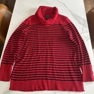 LAUREN RALPH LAUREN Tunic Sweater XL Wool Blend Cowl Neck Striped Pullover Red